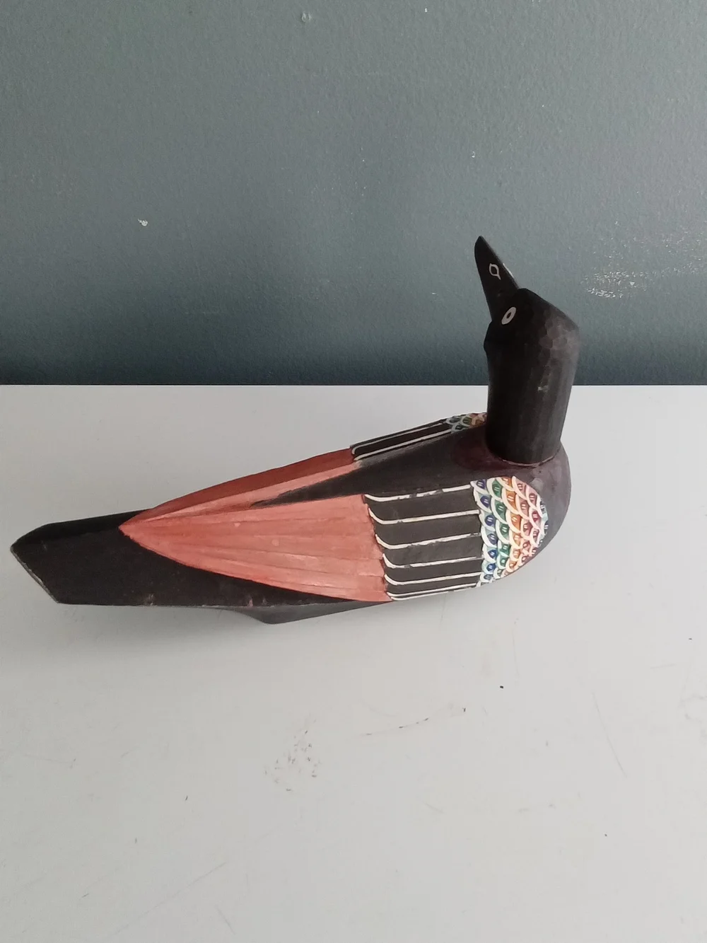 Handpainted Black & Coral Decorative Bird Figurine